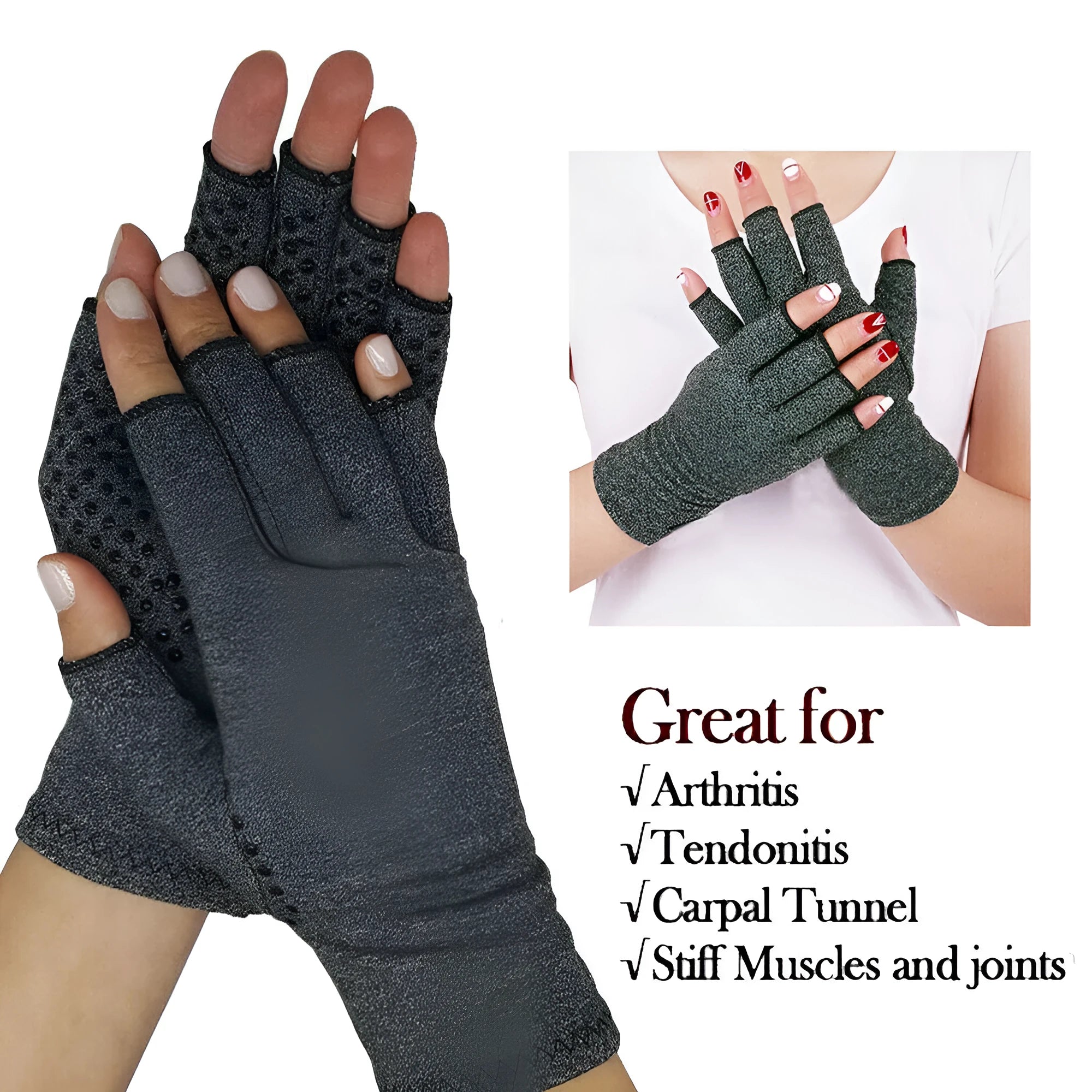 Grey half-finger compression gloves with anti-slip palm surface