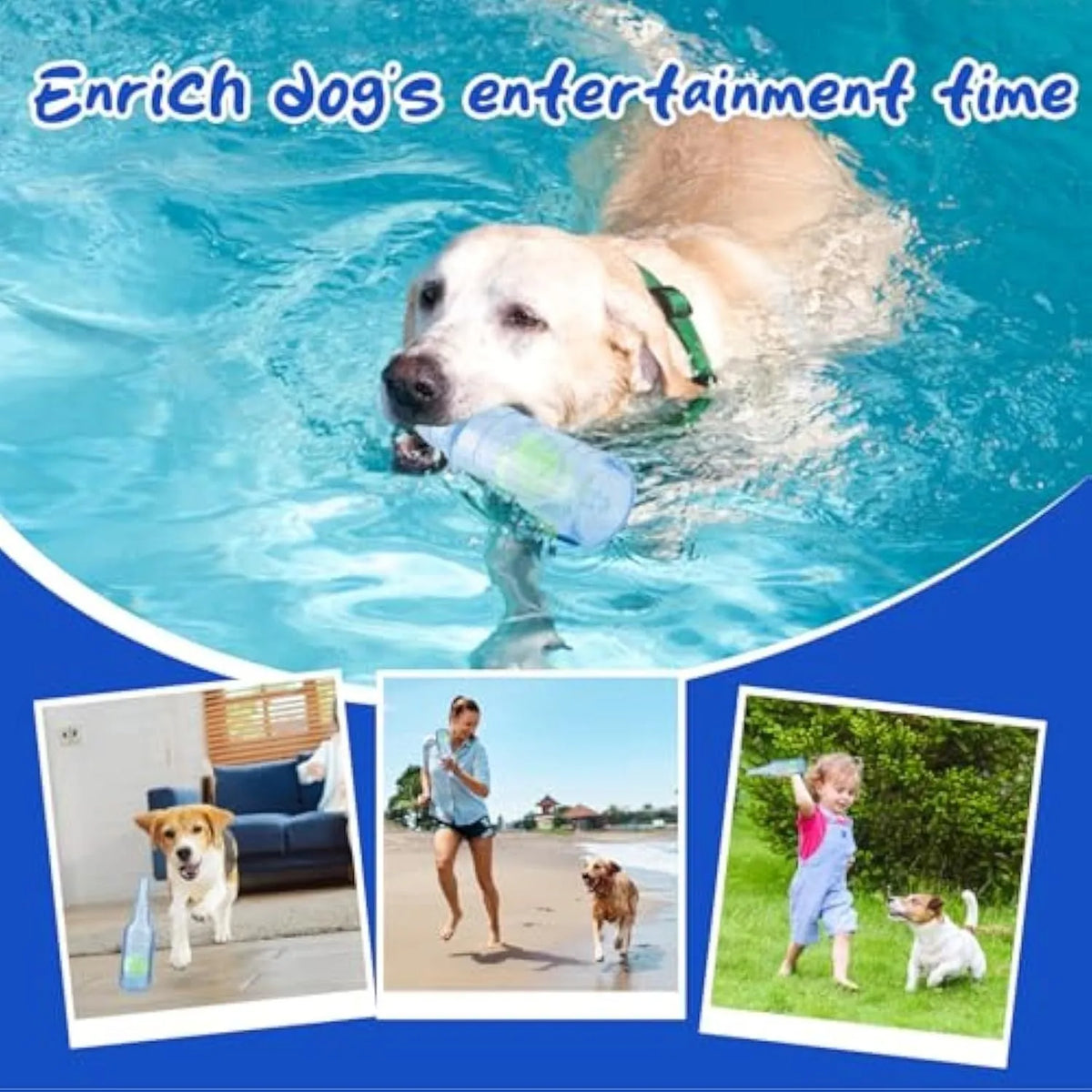 Blue natural rubber dog water bottle toy with squeaker, for aggressive chewers and water play