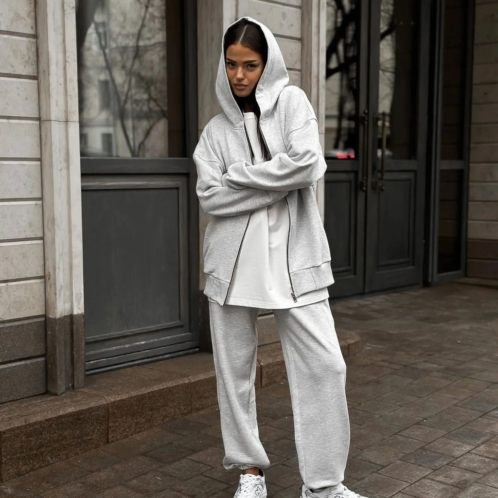 Street style long-sleeved coat and trousers two-piece set in loose fit polyester