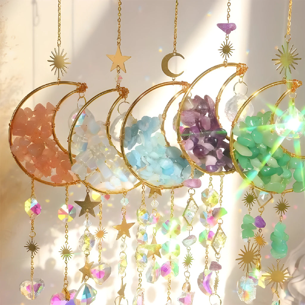 Moon-shaped K9 crystal car pendant on a metal chain in a choice of five colours.