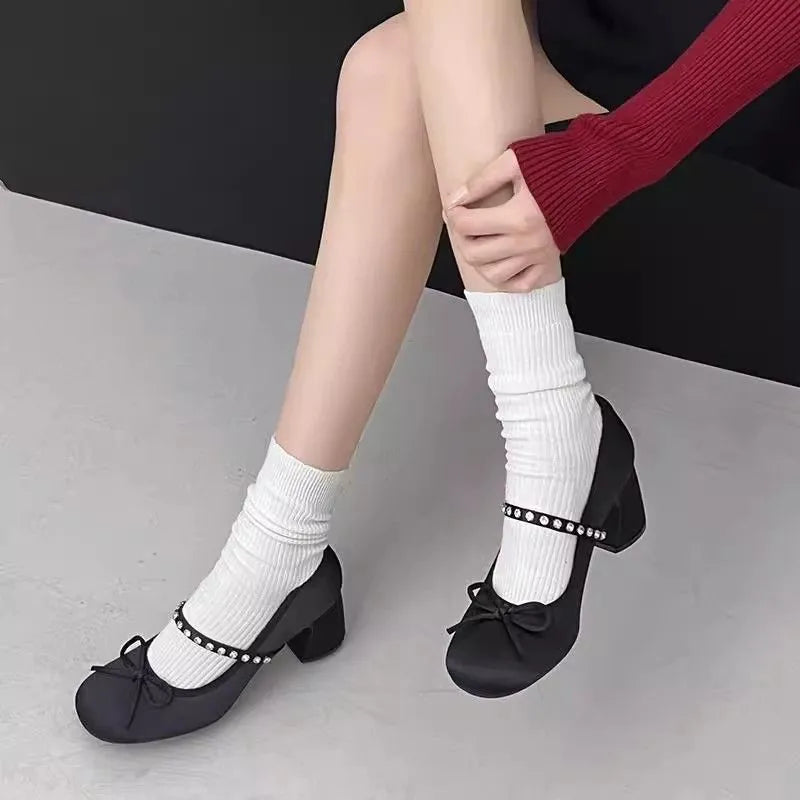 Mary Jane shoes with low 1-3cm chunky heel, round toe, PU upper, bow and rhinestone detail, pink or silver, sizes 35-40