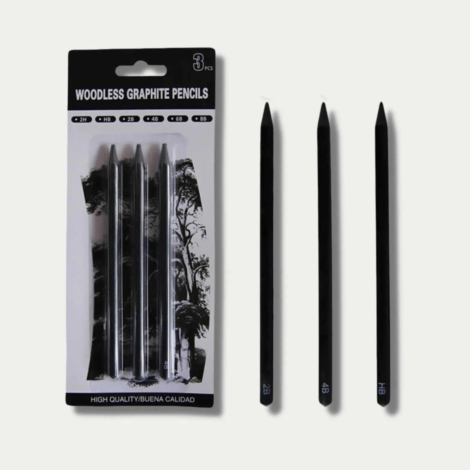 Set of six wood-free graphite sketching pencils with grades HB 2B 4B 6B 8B EE for art drawing