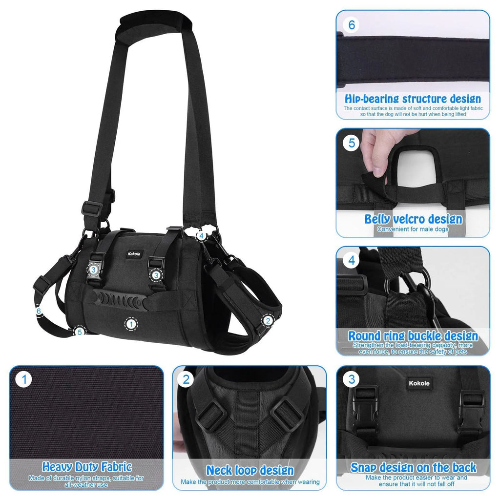 Black Oxford cloth dog support harness for rehabilitation and controlled walking, showing breast strap design.