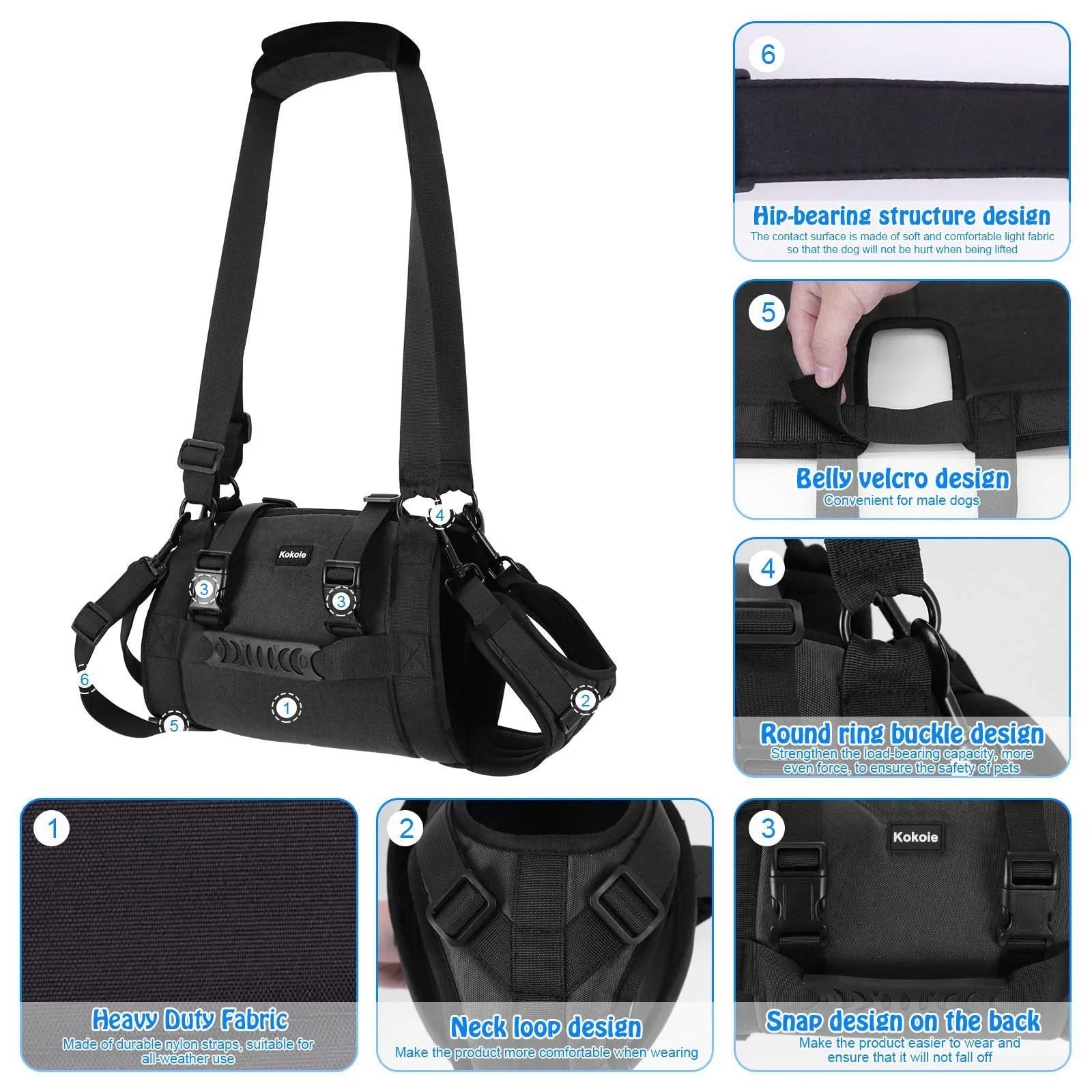 Black Oxford cloth dog support harness for rehabilitation and controlled walking, showing breast strap design.