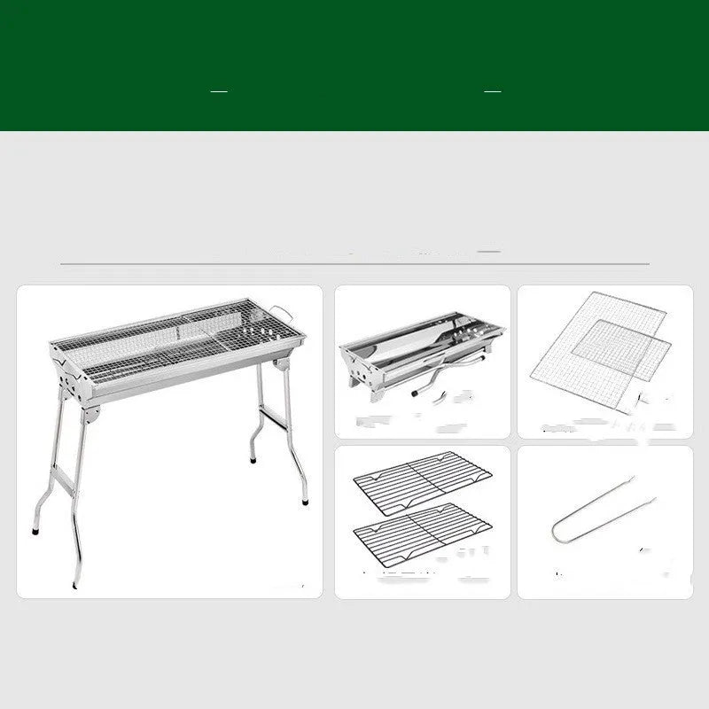 Stainless steel portable folding barbecue grill oven set up outdoors.