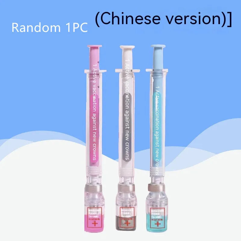 Creative vaccine design gel pen with black ink refill showing 15.7cm length