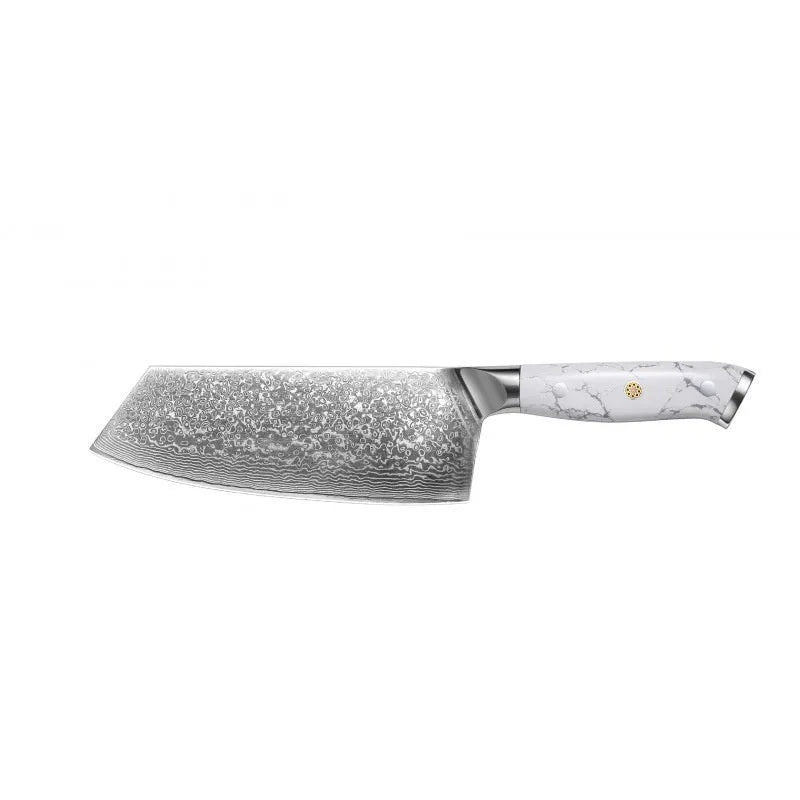 Damascus pattern chef knife with VG10 steel blade, 21cm cutting edge, modern handle design