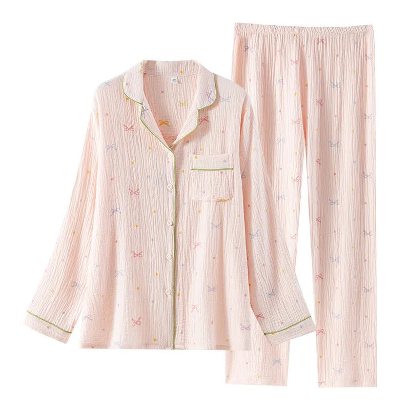 Women's cotton pajama set in beige with long sleeves and trousers