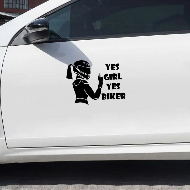 Cool girl rider character car waterproof sticker measuring 16cm by 15cm in black, white, and laser colours.