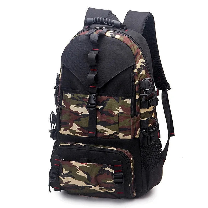 Men's waterproof Oxford cloth hiking backpack in black with multiple compartments and adjustable straps