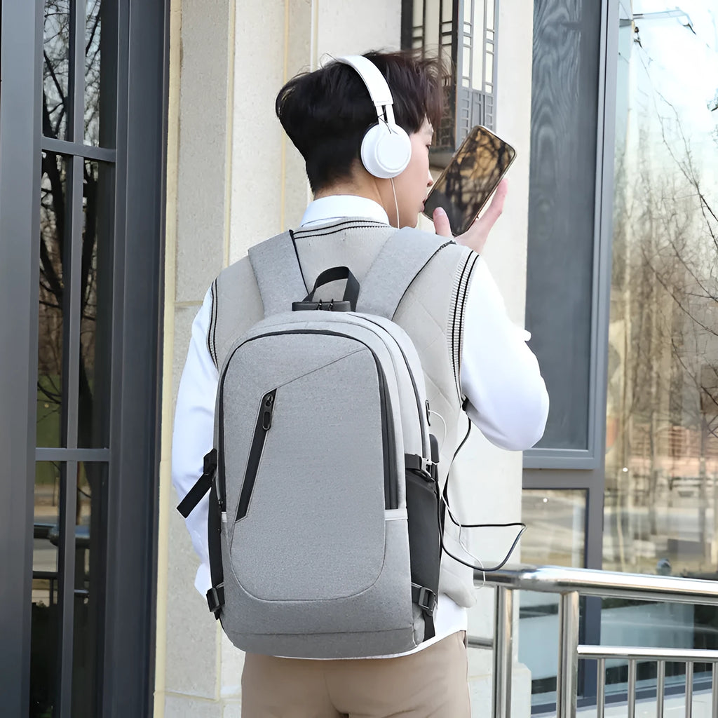 Oxford cloth computer backpack in blue colour showing 20-35L capacity and street trend style