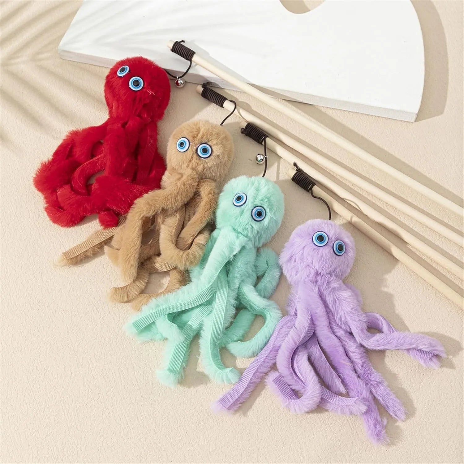 Octopus-themed cat toy with eyes on long 40cm stick for indoor cats