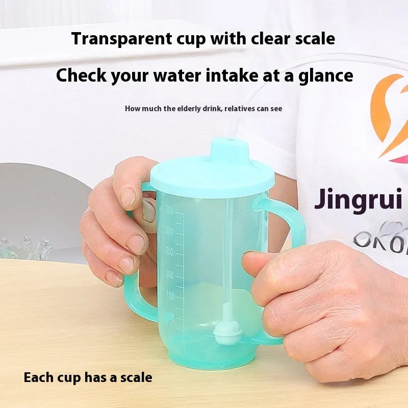 Angled spout choke-proof drinking cup with handle and lid for bed-bound users