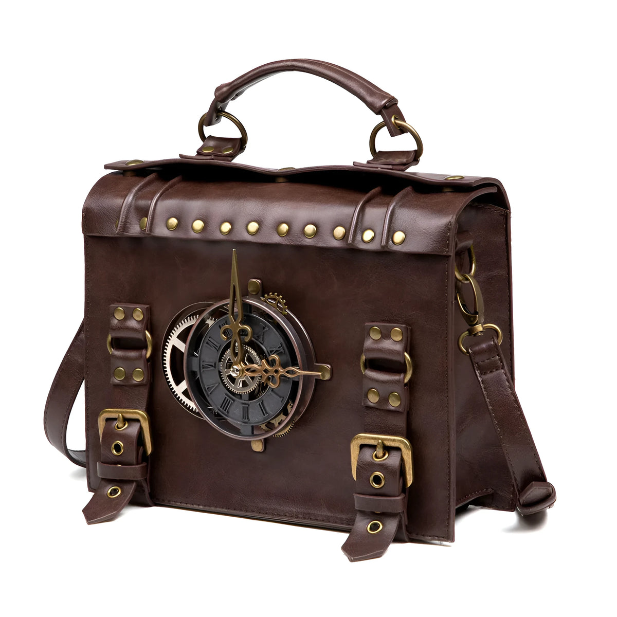 Bronze steampunk pillow shoulder bag with metal hardware on a textured PU leather surface.