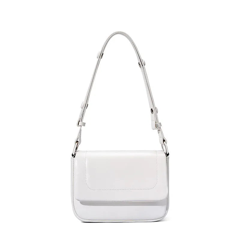 Genuine leather flap shoulder bag with soft two-layer cowhide in black, greyish white, or apricot.