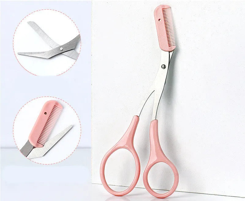 Curved moon-shaped eyebrow trimming knife with comb in stainless steel and plastic