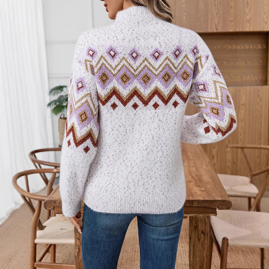 White geometric pattern half turtleneck sweater with loose fit and regular sleeves.