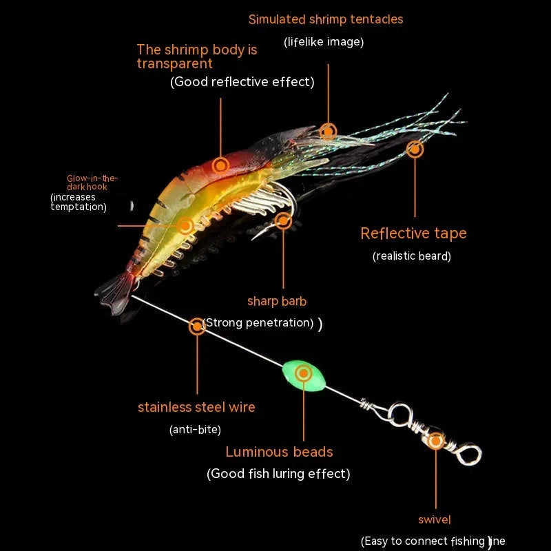 Six soft luer fishing lures with 4cm hooks in assorted colours including luminous pink and black head yellow body