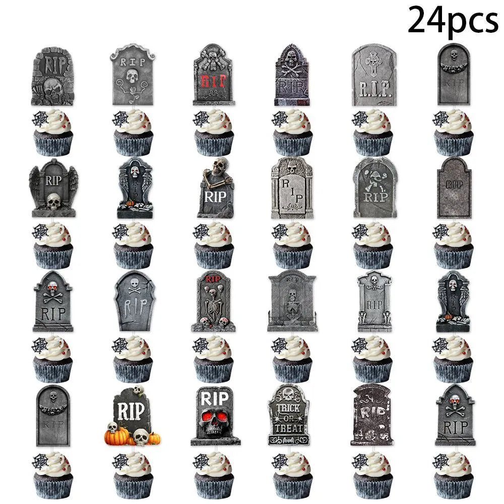 Halloween cake decoration flags, 12 paper tombstone-style small flags in horror theme, Style 1 and Style 2 options