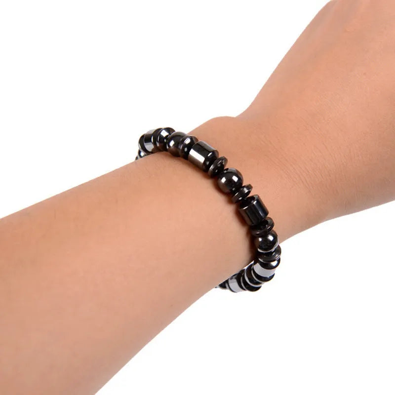 Black pentagram stone magnetic therapy bracelet with magnetite and hematite stretch design