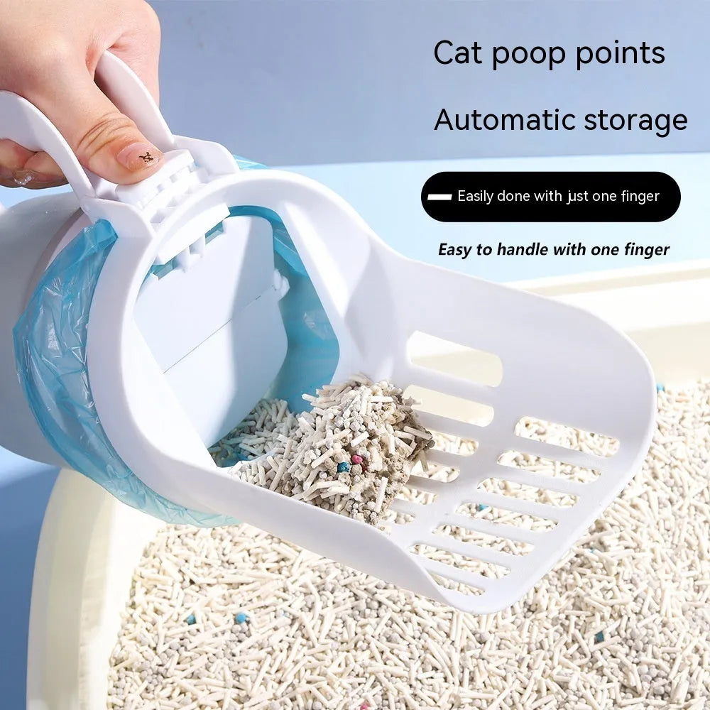 Grey, blue, and green cat litter scoop with attached waste compartment and foldable bottom.