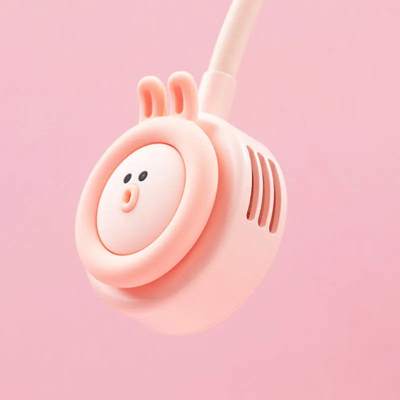 Pink folding hanging neck fan with leafless design displayed on a white background.