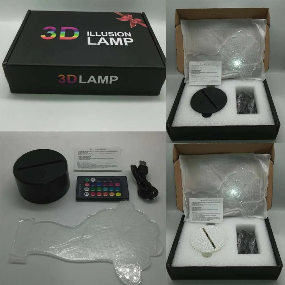 3D acrylic rose flower night light with remote control on a table, displaying purple light.