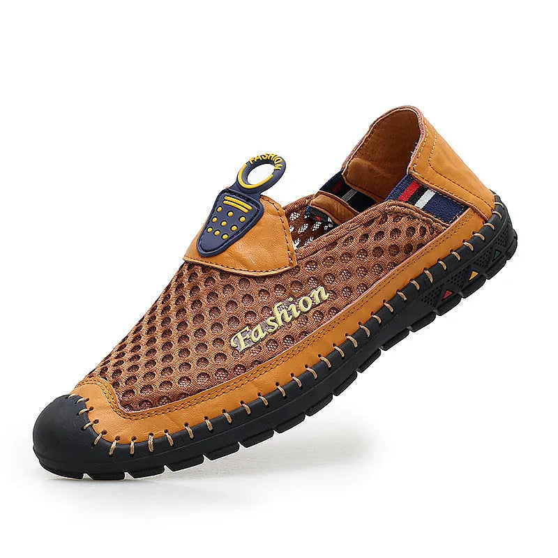 Men's brown casual breathable mesh shoes with round toe and rubber sole.