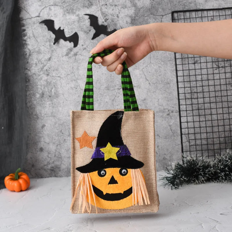 Halloween candy tote bag in linen with witch skull pumpkin and black cat designs for kids