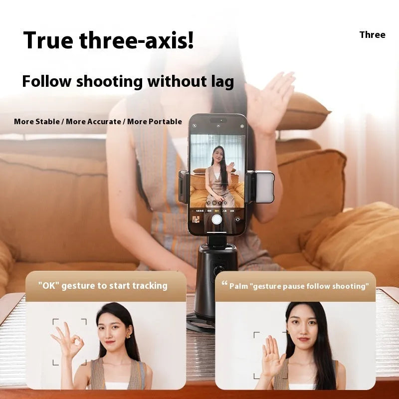 Black desktop phone bracket with face tracking, rotating camera head, and ribbon lighting for mobile phones