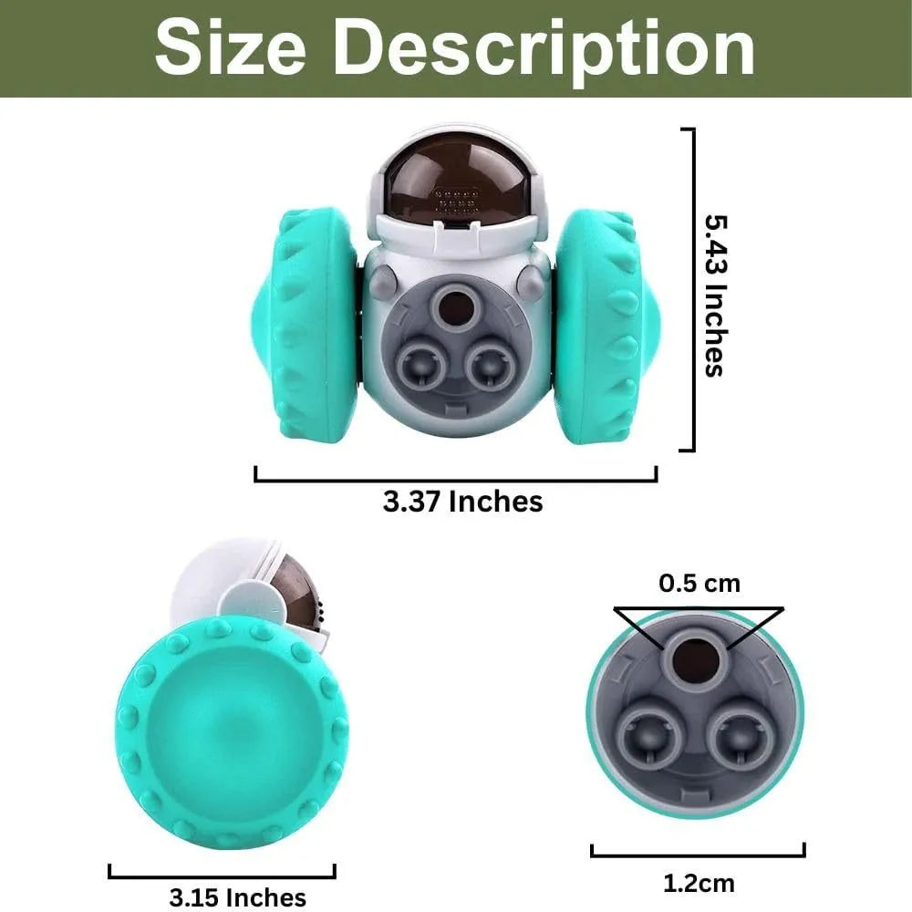 Robot-like self-balancing dog treat dispenser toy for small pets.