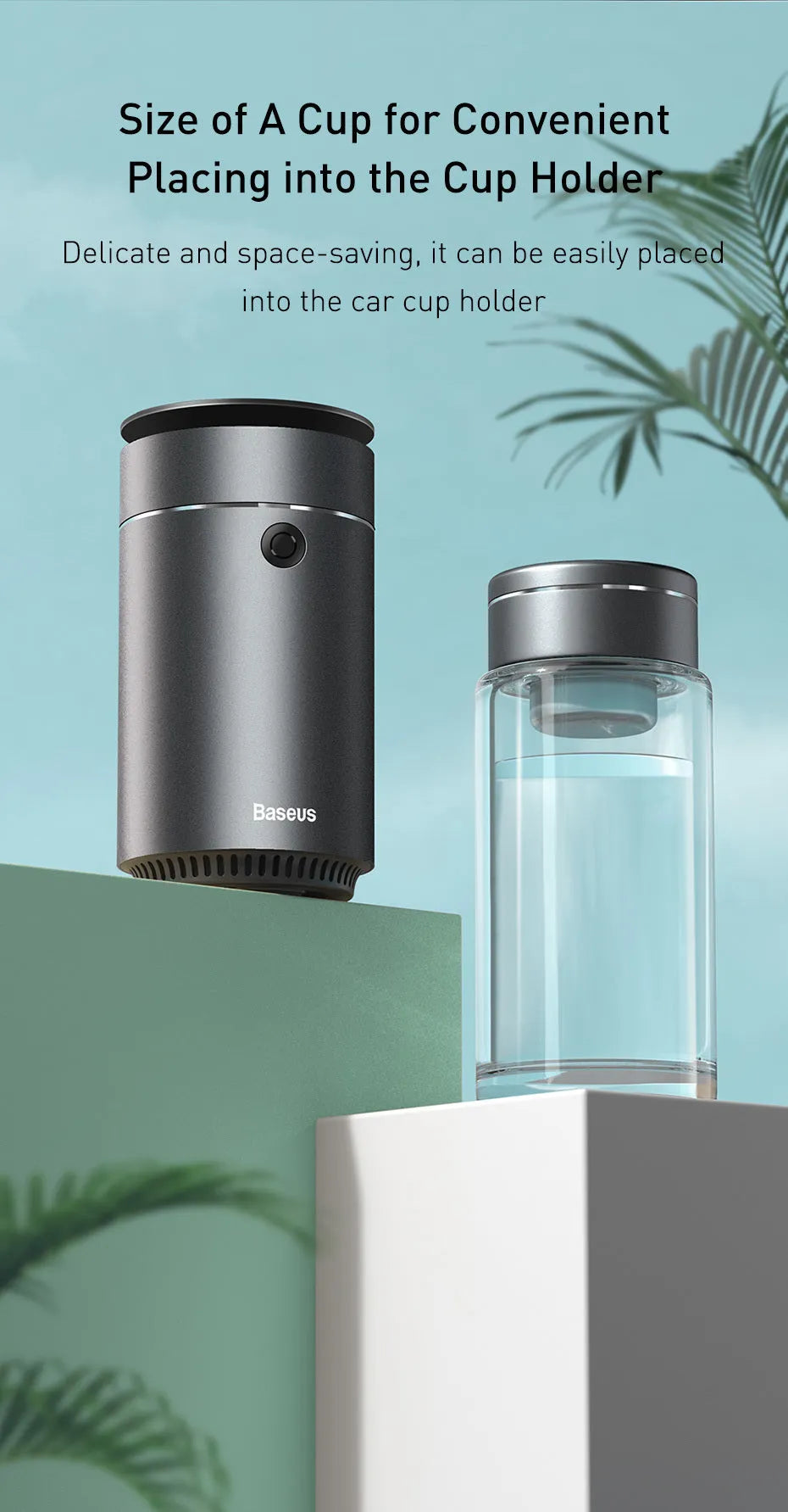 12V metal car air purifier in grey or silver, designed for in-car use
