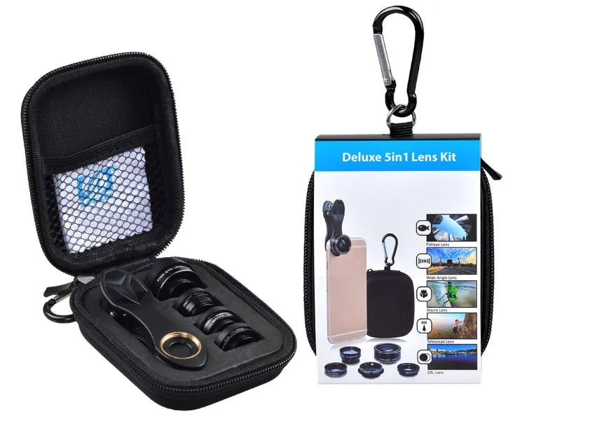 Black universal 5 in 1 clip-on phone camera lens kit with wide angle, macro, fisheye, telephoto, and CPL lenses