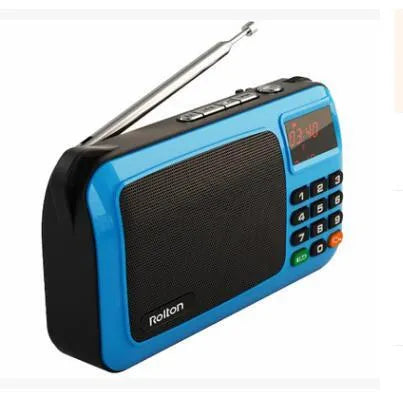 Rolton W405 portable FM radio and MP3 speaker in gold, blue or red colour with LED screen and carrying strap