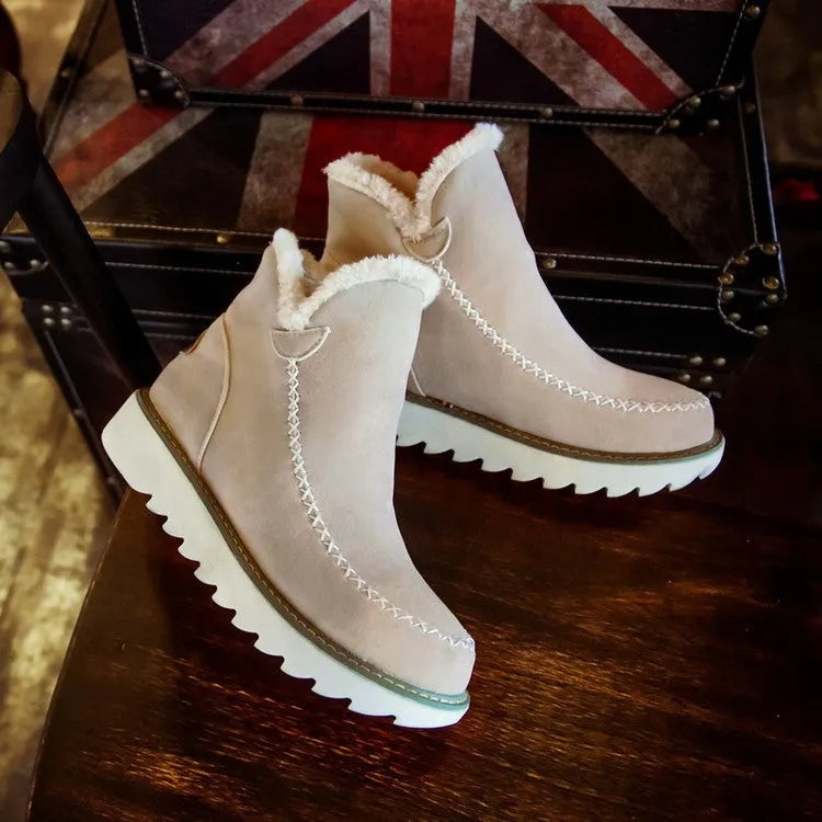 Women's thick cotton snow boots in beige white with artificial fluff lining and non-slip sole