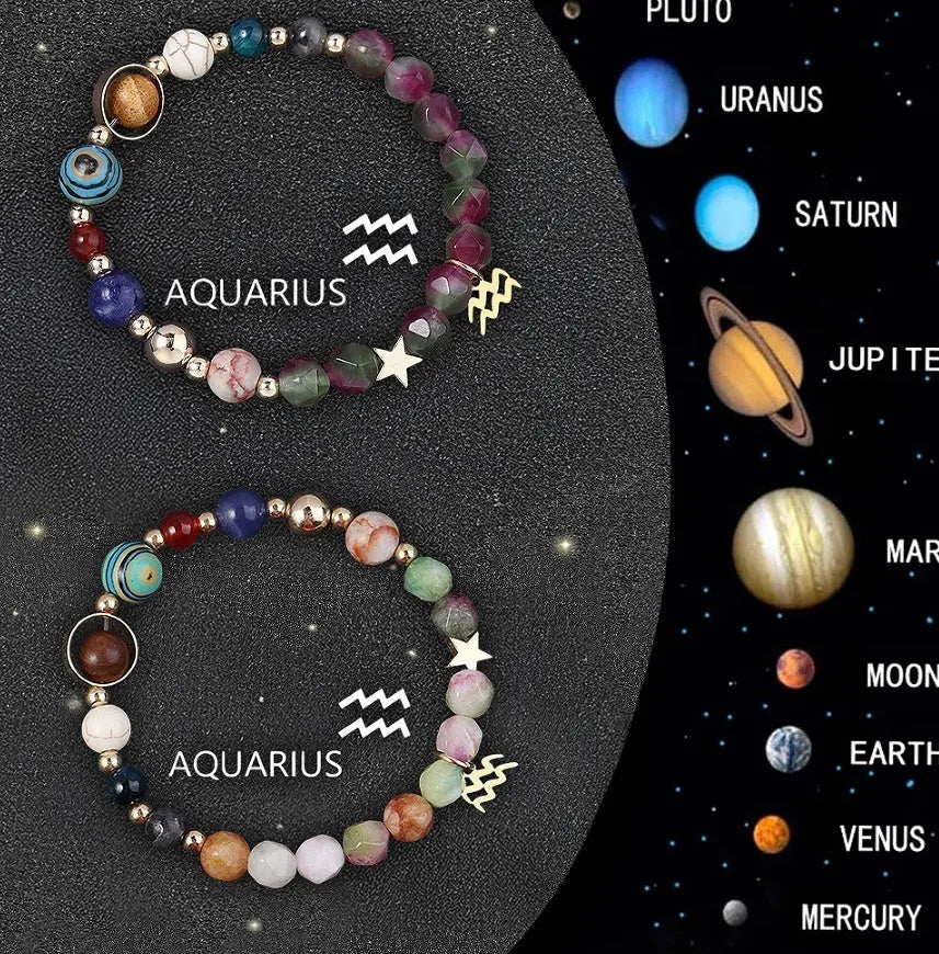 Natural stone beaded bracelets with zodiac symbols and adjustable clasp, 21cm length