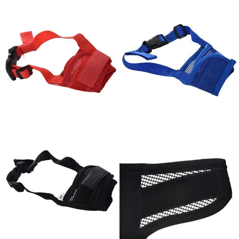 Adjustable plastic dog muzzle in black, shown on a model dog, with size chart for S, M, L, XL, XXL.