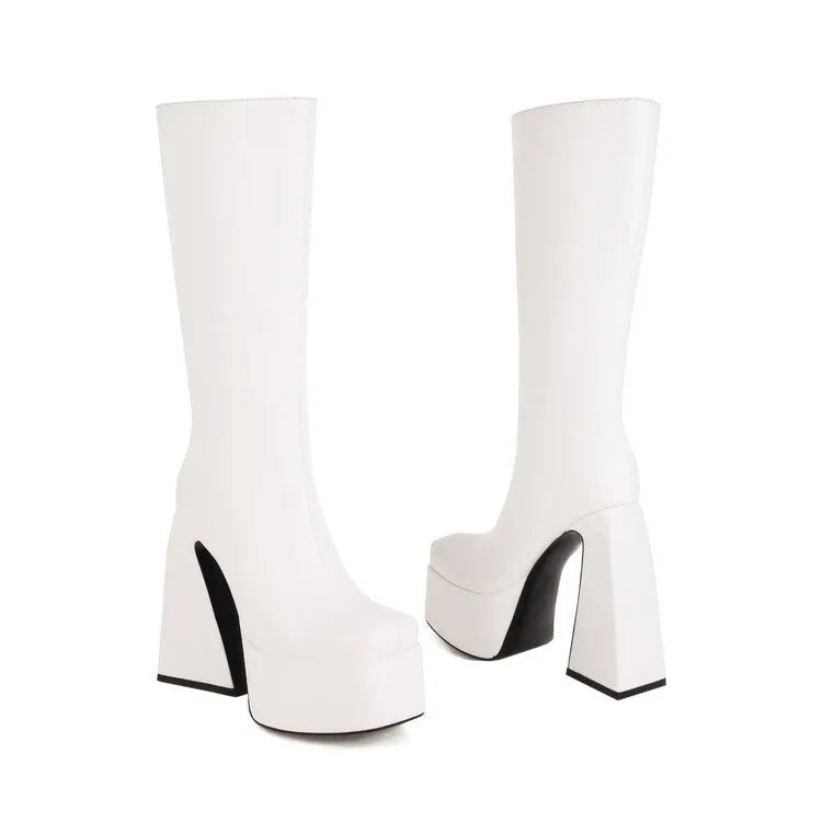 Women's high boots in artificial PU leather available in black, red, blue, or white colours