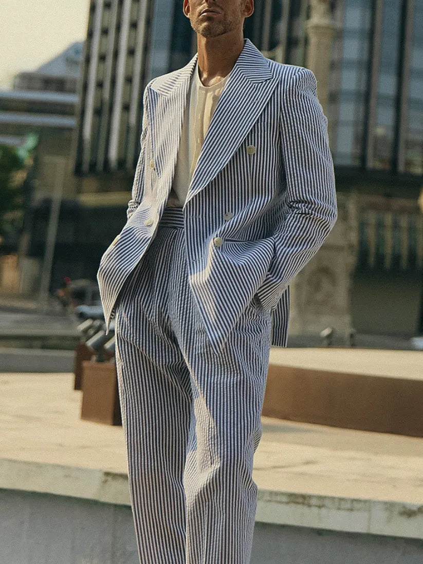 Blue and white striped women's polyester blazer and trouser suit set