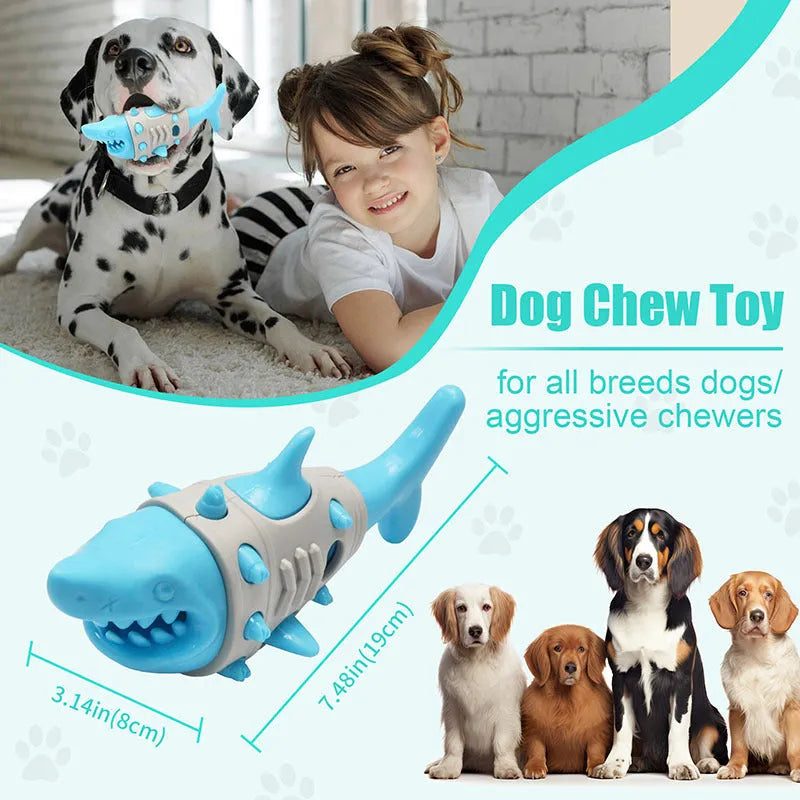 Blue, grey, and yellow shark-tooth shaped dog teething toy with textured surface