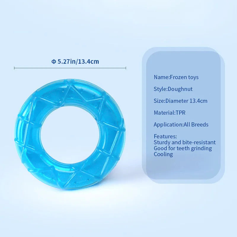 Set of three BPA-free silicone dog toys: a blue pacifier, a red popsicle, and a green ring, designed to be filled with water and frozen.