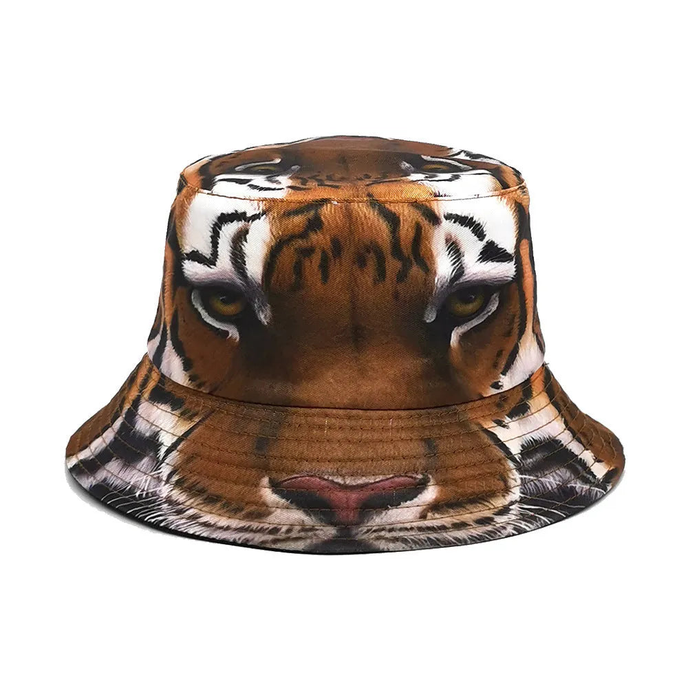 Tiger pattern bucket hat with dome crown in khaki or black colour options