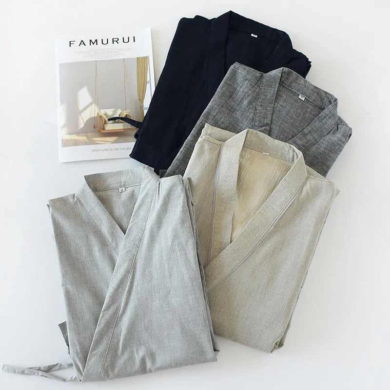 Men's woven cotton mid-length nightgown and home bathrobe in grey or navy blue, sizes M and L