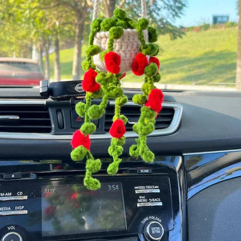 Green and white knitted wool macramé car air plant holder with hanging cord