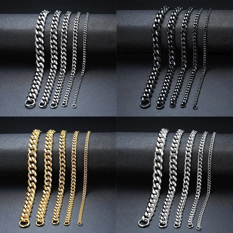 Six-sided Cuban link metal bracelet in gold, black, and steel colour finishes on a wrist.