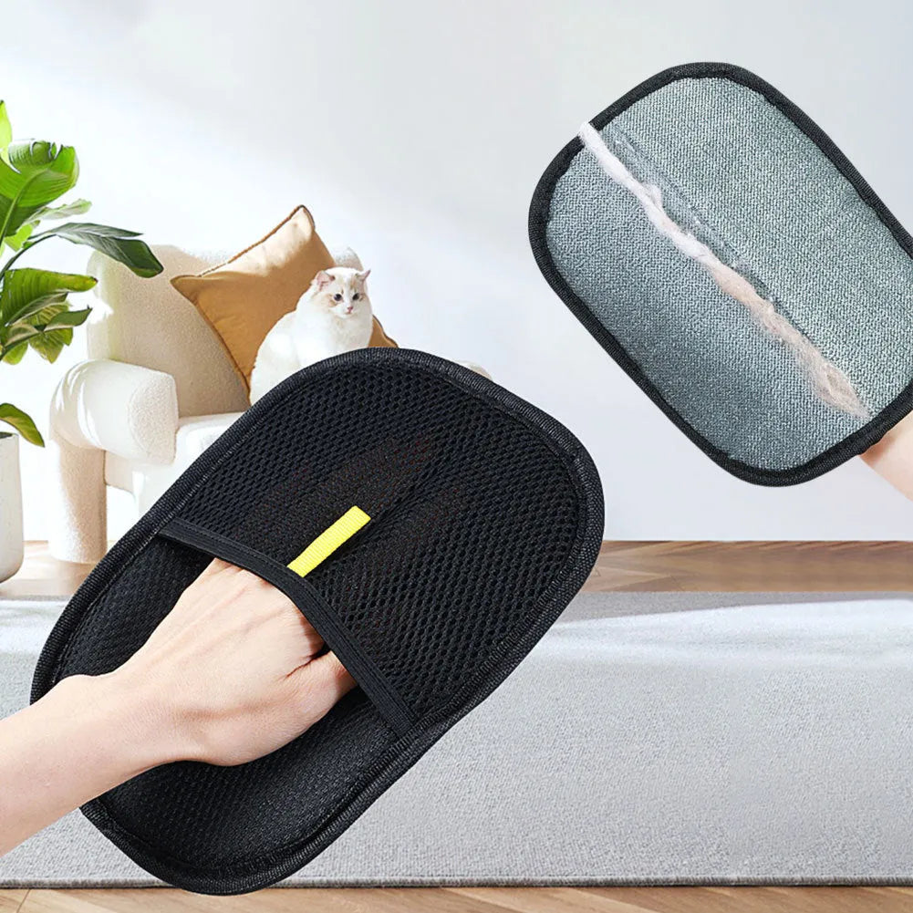 Black pet hair remover mitt glove with dual-sided silicone brush on breathable mesh material