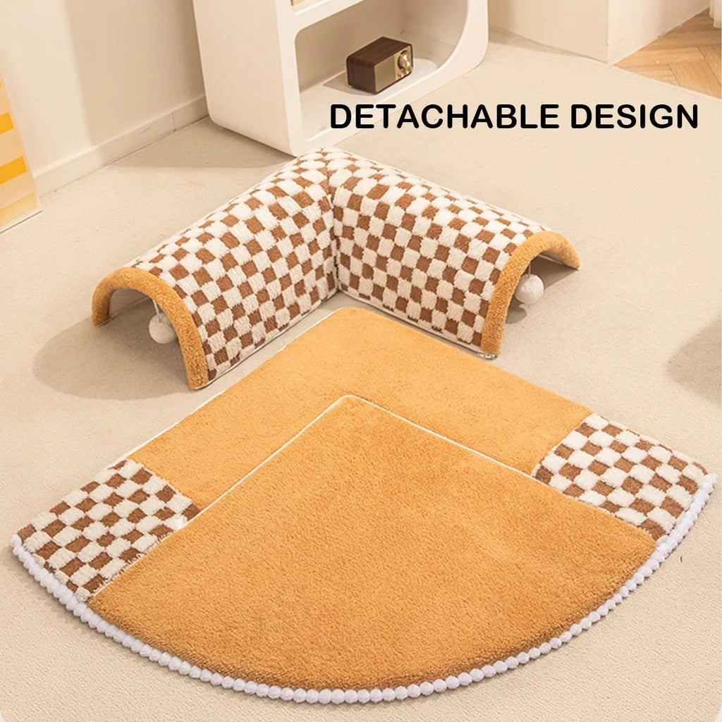 Fan-shaped plush pet bed with integrated tunnel in yellow, showing soft fabric and anti-slip base.