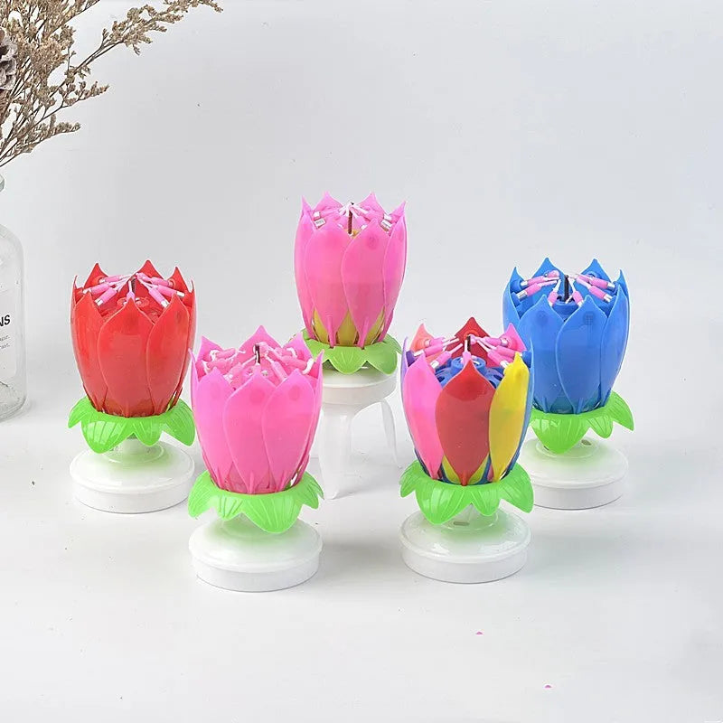 Lotus music birthday candle rotating flower cake candle in pink or blue