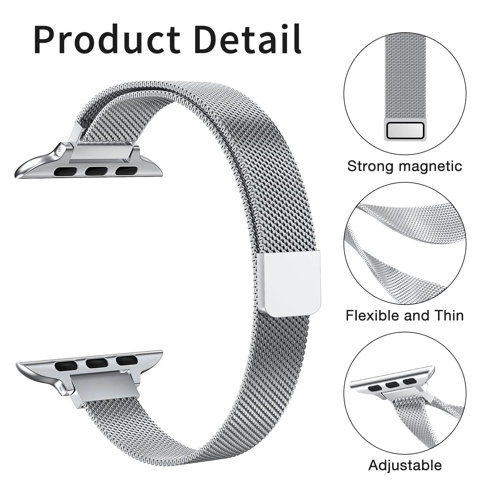 Milan stainless steel mesh strap with magnetic closure for Apple Watch, silver colour