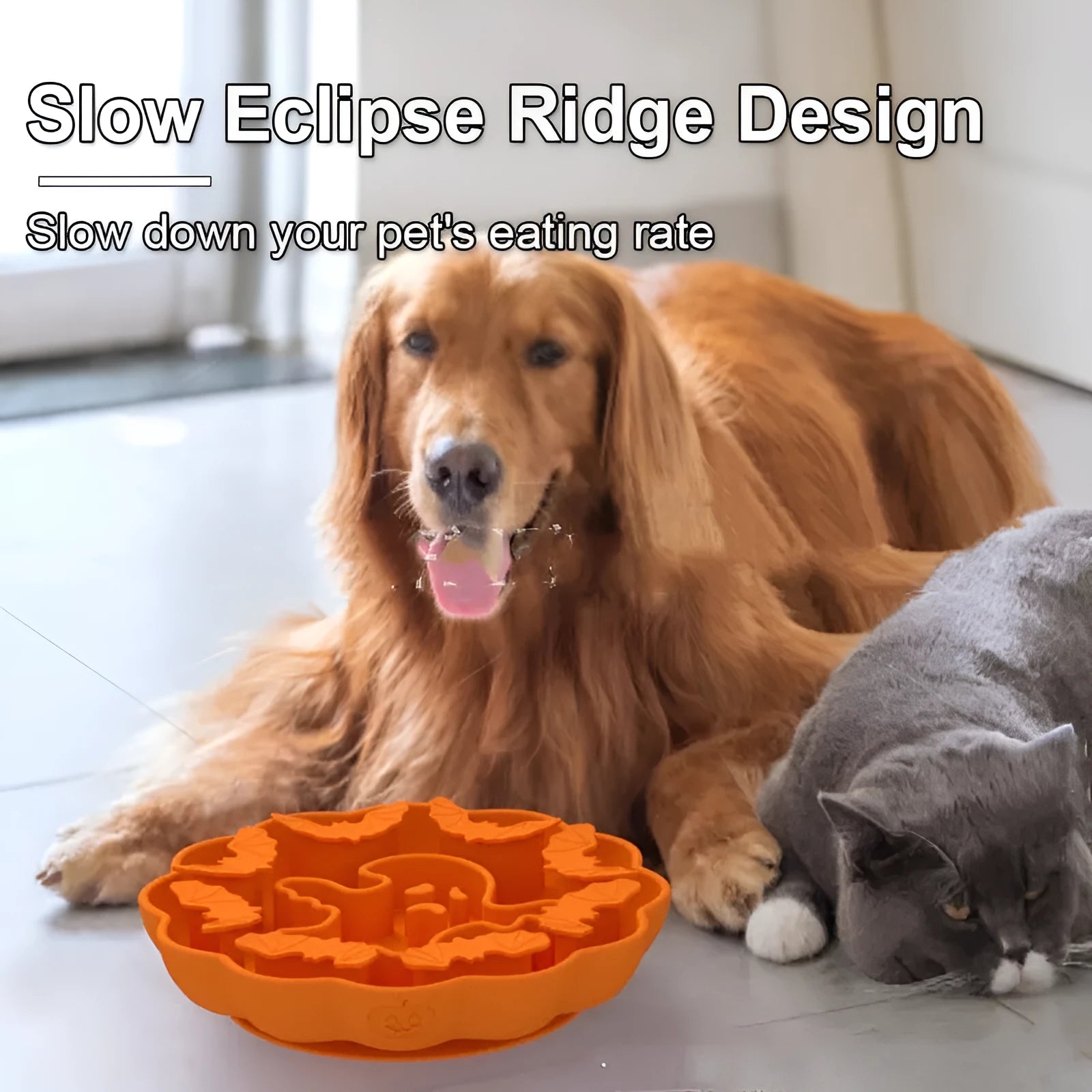 Edible silicon anti-choke slow feeding dog bowl in Halloween orange colour on floor